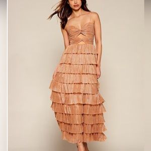 Gianni Bini Grace Metallic Plisse Tiered Ruffle Dress Prom Formal Gold Leaf sz 0